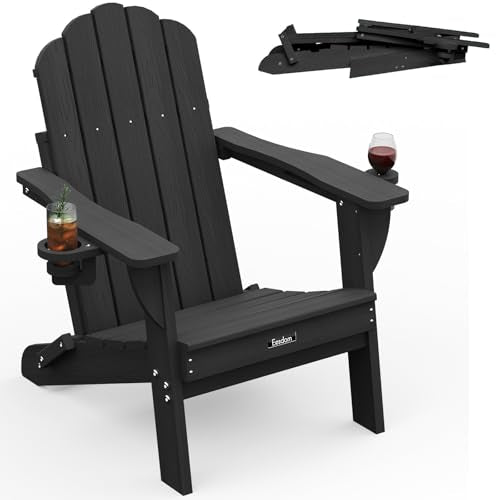 Eesdom Folding Adirondack Chair,All-Weather HDPE Fire Pit Chair with 2 Cup Holders, Plastic Outdoor Chair for Patio Deck Garden Lawn, Black
