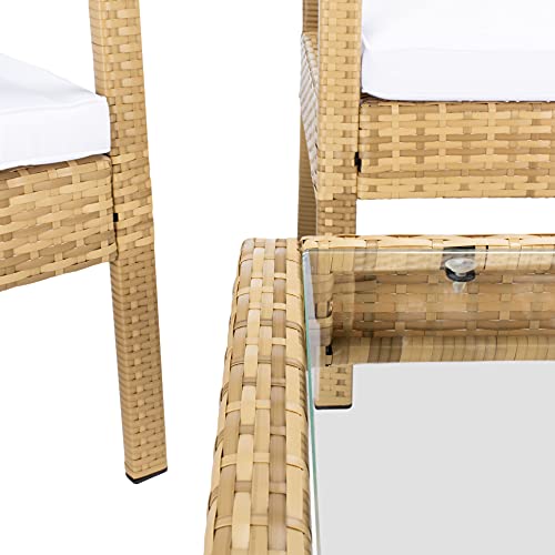 SAFAVIEH Outdoor - Bassey 4-Piece Conversation Set - Natural & White - Steel Frame with Cushion - Tropical Resort Woven Design with Glass Top Table - Ideal for Patio, Deck, Porch, Backyard (PAT7507D)
