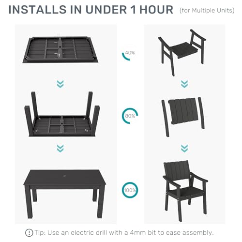 ZHUSI Patio Table and Chairs Set, Outdoor Table and Chairs,HIPS Outdoor Dining Set with Umbrella Hole for Backyard, Poolside, Porch (Black, 7PC)