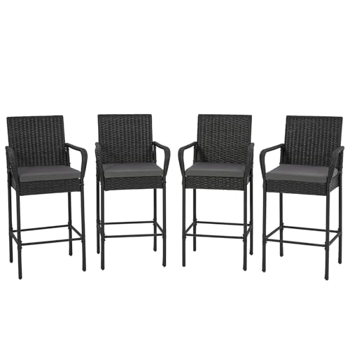 ECOTOUGE Patio Wicker Barstools Set of 4, Rattan Outdoor Bar Height Chairs with Armrest, Soft Cushion, Footrests, All-Weather Furniture for Backyard, Pool, Garden, Black