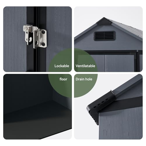 Aoxun 4x6 FT Resin Shed with Reinforced Floor, Outdoor Storage Shed, All-Weather Plastic Tool Storage with Lockable Door, Window & Vents for Garden, Patio, Bike & Garbage Can, Dark Gray