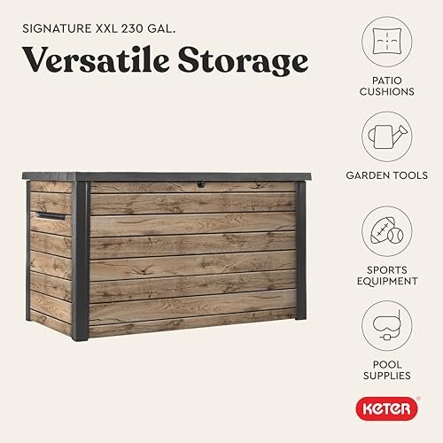 Keter Signature Collection 230 Gallon Resin Deck Box Organization and Storage Box for Patio Outdoor Cushions, Throw Pillows, Garden Tools and Pool Supplies, Pine