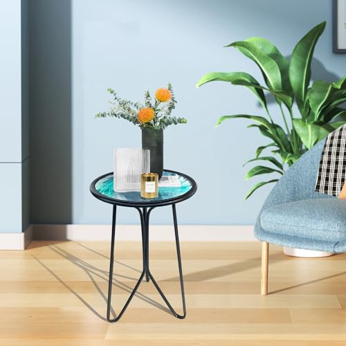 LIFFY Patio Side Table, Small Round End Table, Metal Side Table Outdoor, Small Porch Table for Indoor Balcony Furniture Decor (Blue Glass 12inch)