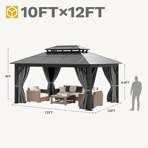 DWVO 10x12ft Gazebo Hardtop Double Roof Polycarbonate Canopy Outdoor with Netting and Shaded Curtains, Metal Frame Garden Tent for Patio, Backyard, Deck and Lawns, Gray