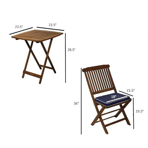 Outdoor Interiors Eucalyptus Wood 3-Piece Square Foldable Bistro Outdoor Furniture Patio Set, Table and 2 Chairs with Cushions, Blue