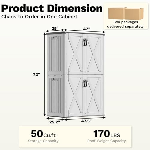 Devoko 50 Cu Ft Plastic Outdoor Storage Shed, Vertical Resin Storage Cabinet with Lockable Door, Durable Storage Shed for Patio Furniture, Pool Toys, Garden Tools, White, Shelf Not Included