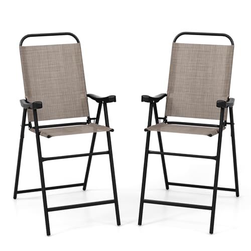 COSTWAY 2 Pieces Patio Folding Bar Chairs, High Top Patio Bar Chair with Metal Frame & Footrest, Outdoor Counter Height Chairs for Balcony, Garden & Poolside, Coffee (1, Coffee)