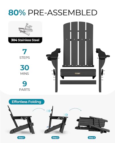 SUUNYN Folding Adirondack Chair, HDPE All-Weather Fire Pit Chairs, Plastic Adirondack Chairs with 2 Cup Holder, Outdoor Lawn Chair for Patio Garden (Black)