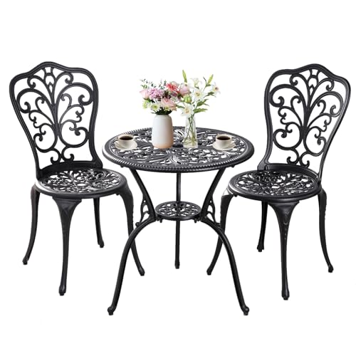 Withniture Patio Bistro Set 3 Piece Outdoor,Cast Aluminum Outdoor Bistro Table and Chair Set of 2 with 1.97" Umbrella Hole,All Weather Bistro Table Set for Front Porch Set(Butterfly Black)