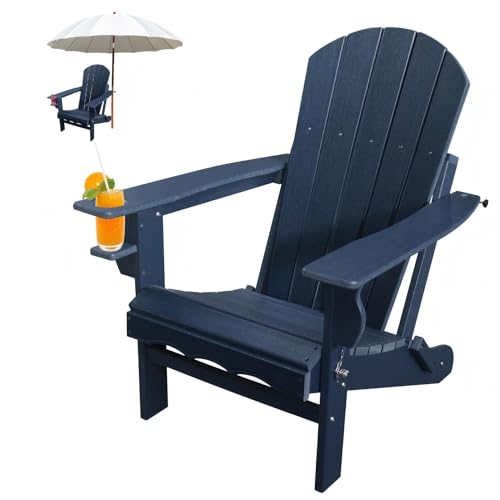CLOUDEEP Folding Adirondack Chairs, HDPE Plastic Adirondack Chair with Cup Holder Weather Resistant, Wood Texture Outdoor Fire Pit Chairs for Patio Garden,Poolside and Deck, Umbrella Hole, Dark Blue