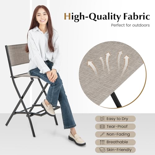 COSTWAY Outdoor Patio Bar Chair Set of 4, Folding Counter Height Stool with Metal Frame & Footrest, Patio Bar Stool for Balcony, Garden & Poolside (4, Coffee)