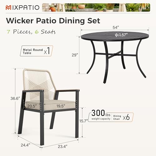 MIXPATIO 7 Pieces Round Outdoor Dining Set for 6, Patio Dining Set Wicker Rattan Chairs with Soft Cushion and 54" Round Table with Umbrella Hole, Round Patio Table and Chairs for Backyard Porch