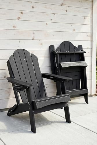 LUE BONA Folding Adirondack Chair, Chairs Set of 4, Cup Holder, Woodgrain, Fire Pit, Patio, Pool, Black