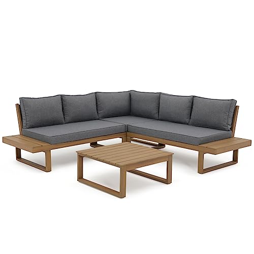 Soleil Jardin 4 Piece Acacia Wood Patio Furniture L-Shaped Outdoor Sectional Sofa Set with Coffee Table, FSC Certified Conversation Set with Built-in Side Table and Grey Cushions for Garden