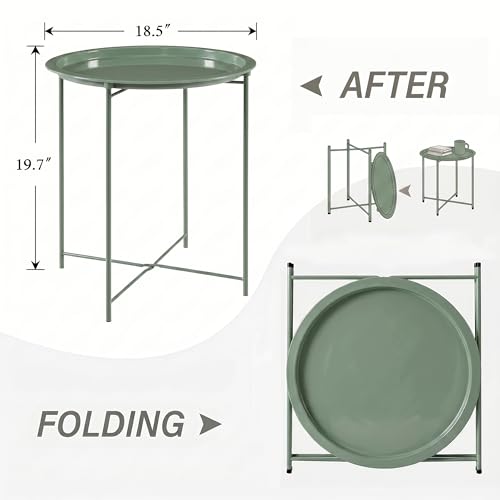 VECELO Side/End Table, Folding Round Metal Anti-Rust and Waterproof Outdoor or Indoor Tray for Living Room Bedroom Balcony and Office, 2 PCS, Dark Green