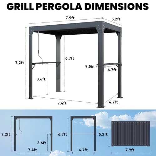UPHYB 8x5 Louvered Pergola, Aluminum BBQ Pergola, Hardtop Gazebo for Outdoor Grill, Adjustable Rainproof Roof, Pergolas for Patio, Black