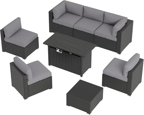 Aoxun 8 Piece Patio Furniture Set with 44” Fire Pit Table, Wicker Rattan Patio Sectional Sofa, Outdoor Furniture Set with Thickened Cushion, Grey