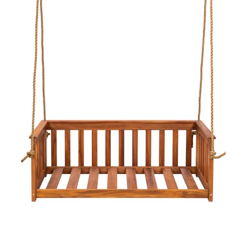 East Green Charleston Outdoor Daybed Swing with Ropes - Crib Size Porch Swing Bed Made from Acacia Wood in Natural Finish