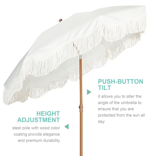 AMMSUN Boho Fringe Umbrella Outdoor Patio, 6.5ft UPF50+ Picnic Umbrella with Tassels with Steel Pole and Push Button Tilt, Antique White