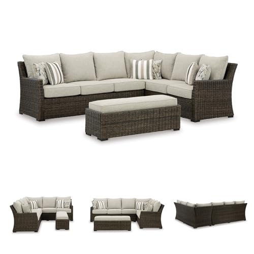 Signature Design by Ashley Brook Ranch Outdoor Sectional, All‑Weather Resin Wicker Patio Furniture With High‑Performance Cushions, Durable Aluminum Frame, Neutral