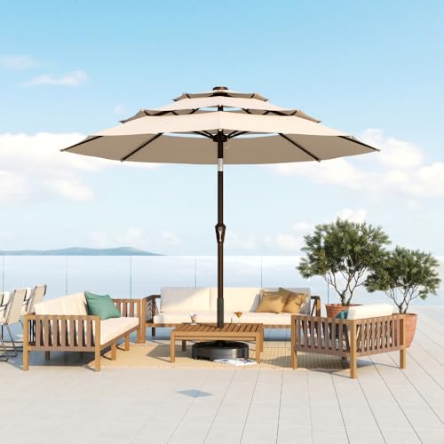 Patio Kingdom 10FT Patio Umbrella 3 Tiers Outdoor Market Umbrella w/Push Button Tilt, Crank, UV and Waterproof Table Umbrella for Garden, Pool, Backyard, Deck, Lawn, Beige