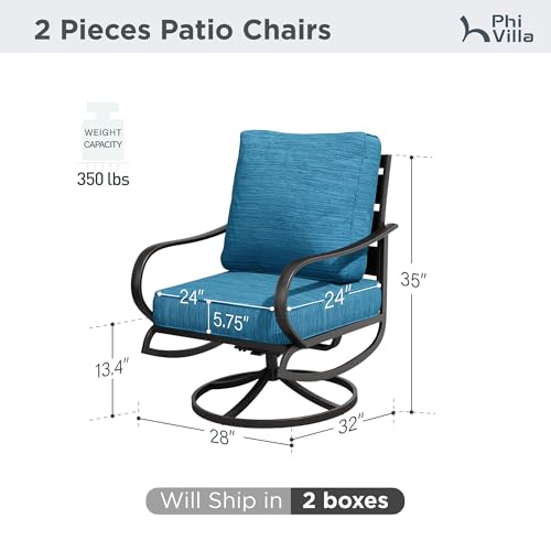 PHI VILLA Metal Swivel Patio Chairs Set of 2, High Back Steel Outdoor Chairs with 5.75" Extra Thick Cushion, 2 Pieces All Weather Deep Seat Outdoor Front Porch Seating Furniture for Deck, Peacock Blue