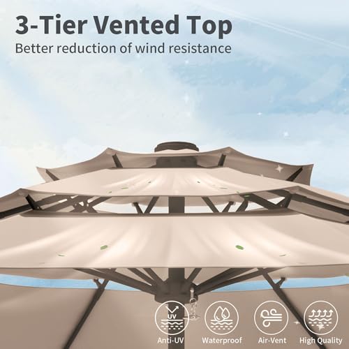 Patio Kingdom 10FT Patio Umbrella 3 Tiers Outdoor Market Umbrella w/Push Button Tilt, Crank, UV and Waterproof Table Umbrella for Garden, Pool, Backyard, Deck, Lawn, Beige