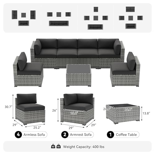 LazySunsets 7-Piece Patio Furniture Set, Wicker Rattan Outdoor Furniture with Thick Cushions, Patio Conversation Sets with Coffee Table, Outdoor Sectional Couch Sofa with Waterproof Cover, Black
