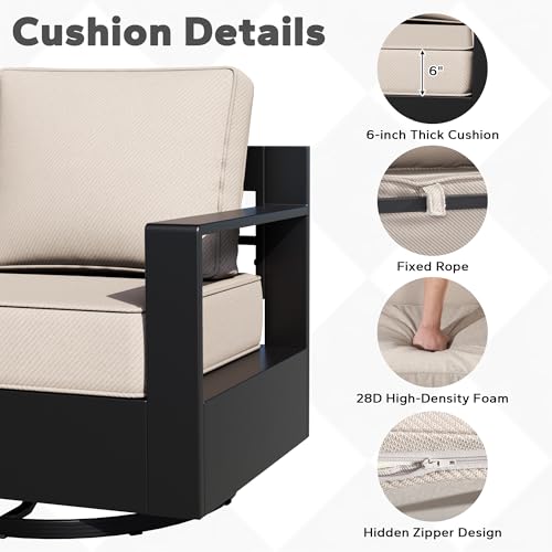 Qsoer Aluminum Patio Swivel Chair - Outdoor Swivel Rocking Chair with 6" Thick Removable Cushions, All-Weather Metal Frame, Deep Setting for Garden, Poolside and Porch