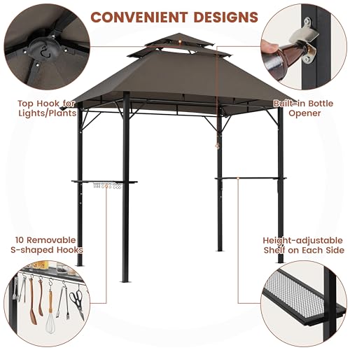 Yaheetech 8x5' Grill Gazebo, 3-Tier Outdoor BBQ Gazebo with Height-Adjustable Shelves & 10 S-Shaped Hooks & Built-in Bottle Opener, Brown