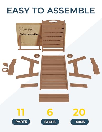 Ciokea Lounge Chair Outdoor, Oversized Chaise Lounge Chair with 5 Positions, HDPE, Patio Lounge Chair with Wheels & Cup Holder for Pool, Deck, Poolside, Teak