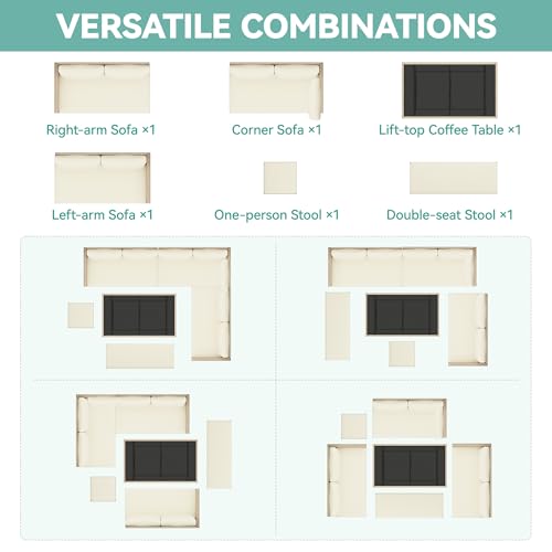 YITAHOME Outdoor Sectional Sofa Set, 6-Piece Patio Furniture with Lift-Top Table & Ottoman, All-Weather Wicker Conversation Set for Porch, Deck, Backyard (Light Brown and Beige)