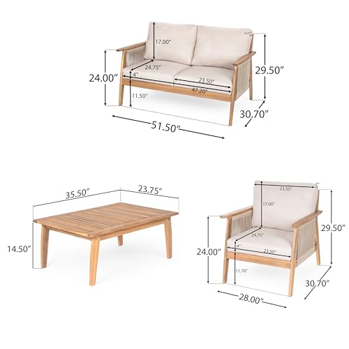 Christopher Knight Home Lorna 4-Seater Patio Furniture Set with Removable Cushion, 4 Piece Outdoor Acacia Wood Conversation Set, Sold Wood Outdoor Sectional Sofa Set with Coffee Table, Teak+Beige