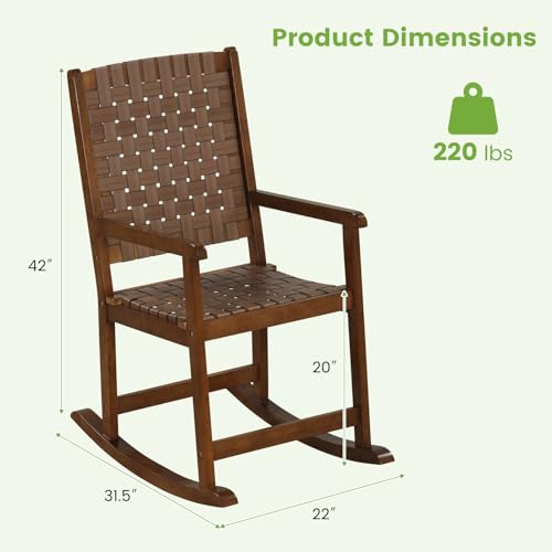 Tangkula Outdoor Rocking Chair, All Weather PU Seat & Rubber Wood Frame Porch Rocker, Safe & Smooth Rocking Motion, Ergonomic Patio Rocking Chair for Garden, Lawn, Balcony, Indoor (1, Brown)