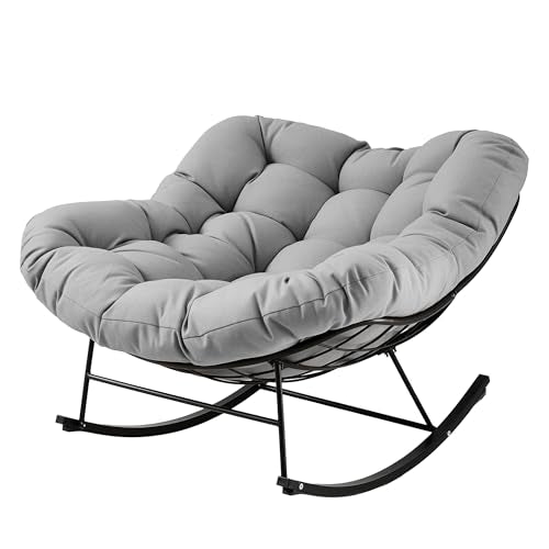 JEAREY Outdoor Papasan Rocking Chair, Oversized Patio Rocker, Comfy Egg Chair for Bedroom, Living Room, Garden, Porch, Lawn, Grey