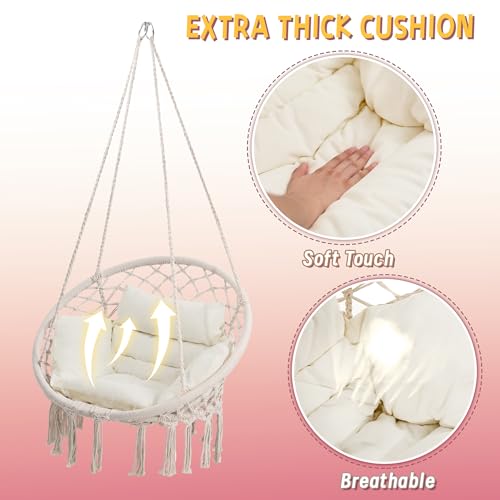 KROFEM Hammock Chair Swing Chair with Boho Medium Cushion, Macrame Hanging Chair for Bedroom, Indoor, Outdoor, Balcony, Porch, Beige