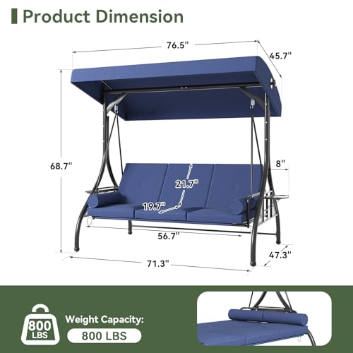 Aoxun Outdoor Porch Swing with Stand and Canopy, 3 Seats Outdoor Swings for Adults, Convertible 2 in 1 Swing Bed with Cup Holder, Patio Swings with Thicken Cushions for Garden, Yard & Balcony, Blue