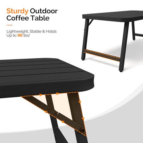 VINGLI Outdoor Folding Coffee Table, Rectangle Drainable Iron Patio Table for Balcony, Porch, and Living Room, Black