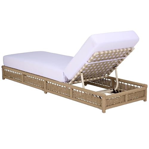 SAFAVIEH Outdoor Patio Furniture Collection – Callan Tan Rope & White Cushion Lounger, Fully Assembled Outdoor Chaise, Modern Low-Profile Design (PAT7546A)
