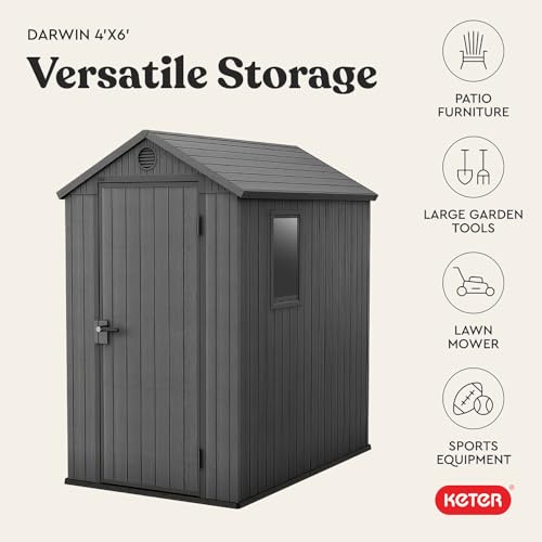 Keter Darwin 4x6 Feet Outdoor Storage Shed, Graphite Gray – Lockable Resin Organizer Unit with Single Door, Window, and Skylight for Backyard, Garden, or Lawn Organization