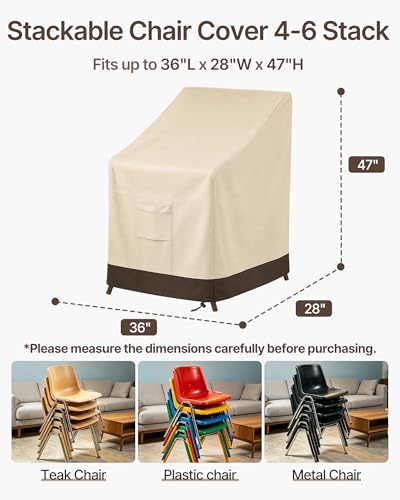 Vailge Stackable Patio Chair Cover,100% Waterproof Outdoor Chair Cover, Heavy Duty Lawn Patio Furniture Covers,Fits for 4-6 Stackable Dining Chairs,36"Lx28"Wx47"H,Beige&Brown