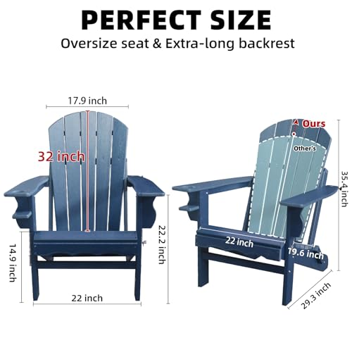 CLOUDEEP Folding Adirondack Chairs, HDPE Plastic Adirondack Chair with Cup Holder Weather Resistant, Wood Texture Outdoor Fire Pit Chairs for Patio Garden,Poolside and Deck, Umbrella Hole, Dark Blue