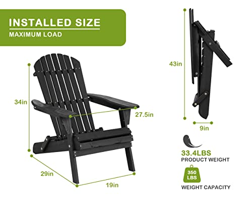 BORGEBY Foldable Adirondack Chair, All-Weather Adirondack Chairs Lawn Chairs Outdoor Patio Chairs with Wide Armrest, Solid Wood Outdoor Chairs Set Fire Pit Chairs Front Porch Chairs, 350 Lbs, Black