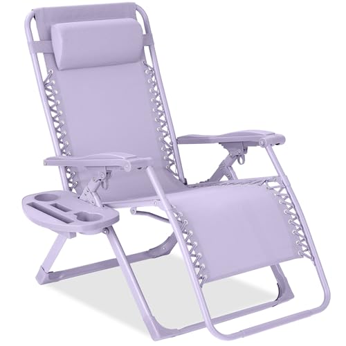 Best Choice Products Adjustable Zero Gravity Chair, Monochromatic Color Folding Patio Recliner w/Side Tray, Headrest - Lavender