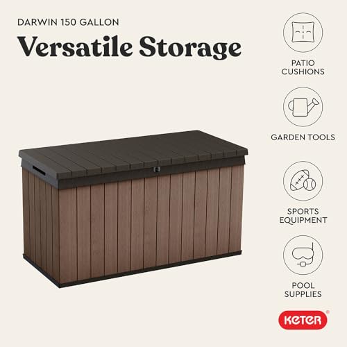 Keter Darwin 150 Gallon Resin Large Deck Box - Organization and Storage for Patio Furniture, Outdoor Cushions, Garden Tools and Pool Gear