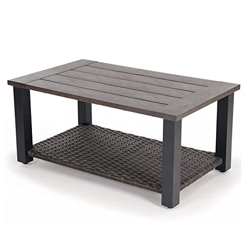 Grand patio Outdoor Coffee Table with Wicker Shelf Storage, 40-inch Rectangle Modern Patio Coffee Table with Faux Wood Tabletop, Fits with Outdoor Conversation Set