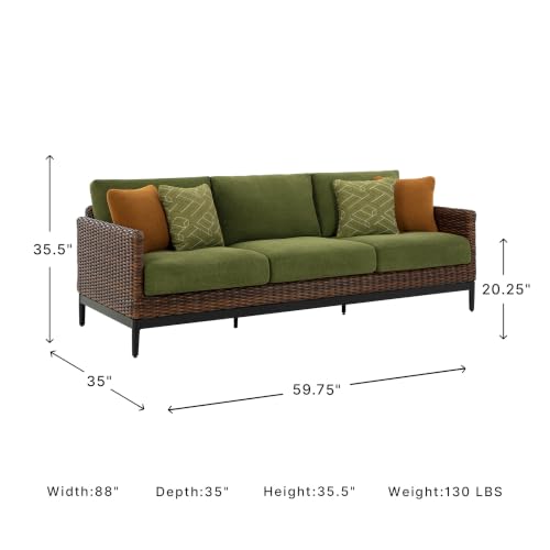 Signature Design by Ashley Horizon Hall Outdoor Sofa with Cushions, Rust-Resistant Aluminum Frame, Handwoven Resin Wicker 3-Seat Patio Couch for Deck or Sunroom, Green/Brown, 88" W
