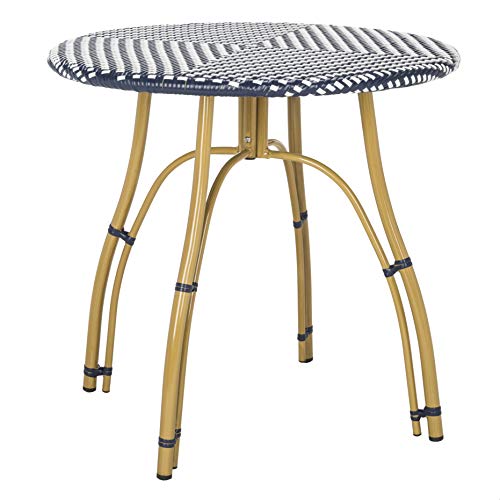 SAFAVIEH Outdoor - Kylie Bistro Side Table - Navy & White - Faux Wicker & Aluminum Frame - Parisian Round Bistro Design - Ideal for Patio, Deck, Sunroom, Dining Area, 31.5"W x 31.5"D x 30"H (PAT4011A)