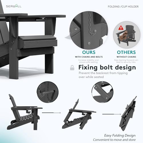 SERWALL Foldable Adirondack Chair Set of 2, HDPE Adirondack Chair with Wood-Texture-Gray