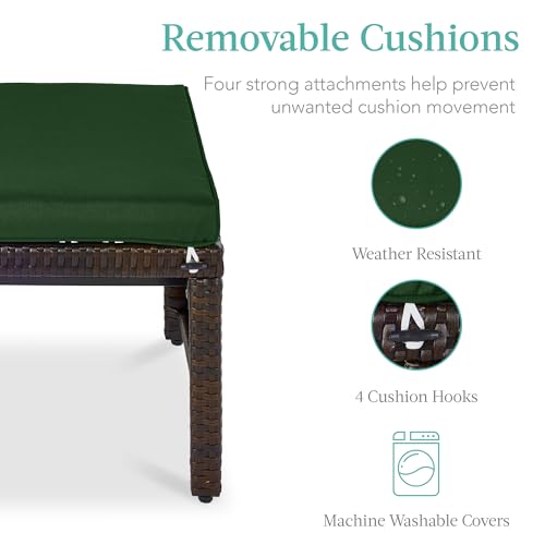 Best Choice Products Set of 2 Wicker Ottomans, Multipurpose Outdoor Furniture for Patio, Backyard, Additional Seating, Footrest, Side Table w/Removable Cushions, Steel Frame - Midnight Green/Brown